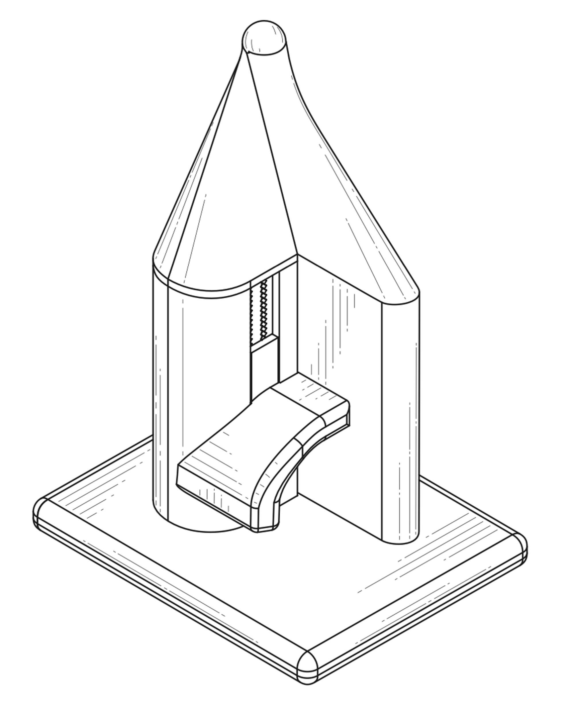 Isometric line drawing of the Hemi-Hand: a square base supporting a vertical column, a tapered cone component above, and a curved thumb support mounted on an adjustable toothed track.